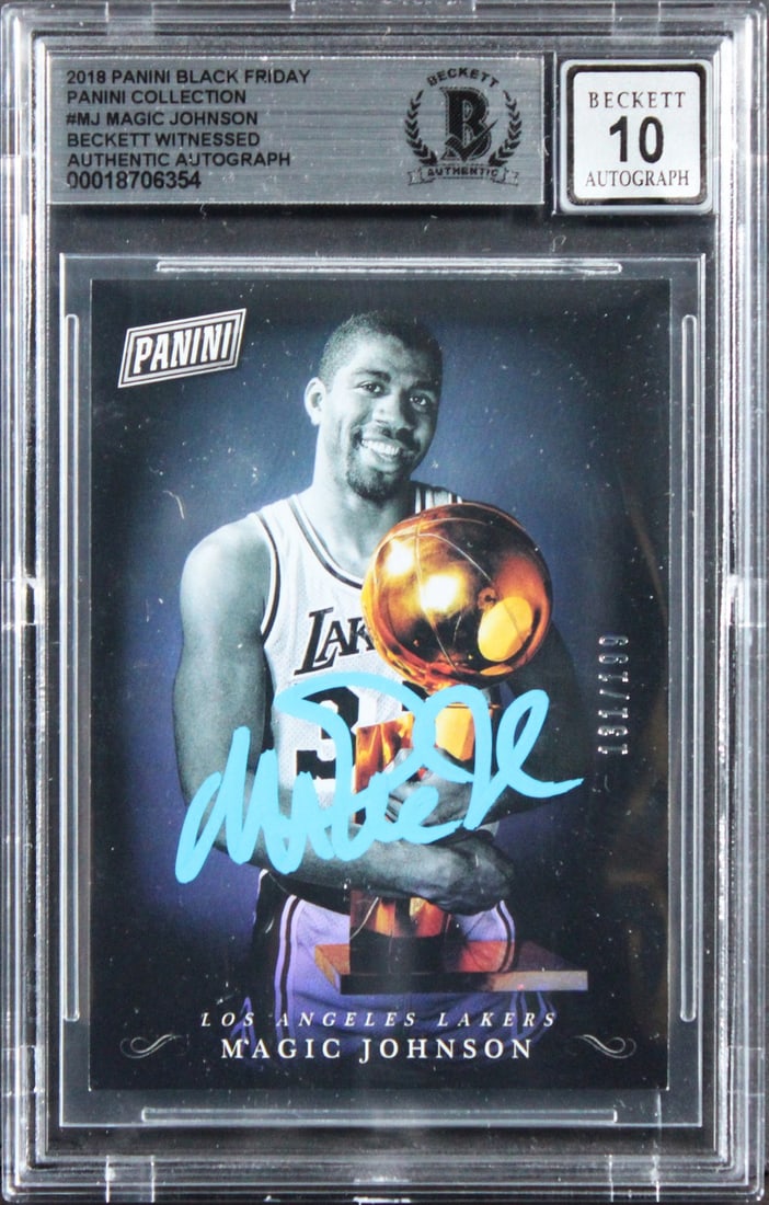 2018 Panini Black Friday #MJ 131/199 Magic Johnson Auto Card BAS Gem Mint 10: 2018 Panini Black Friday #MJ 131/199 Magic Johnson Auto Card BAS Gem Mint 10 This 2018 Panini Black Friday Collection #MJ 131/199 card features the autograph of Magic Johnson from the Los Angeles