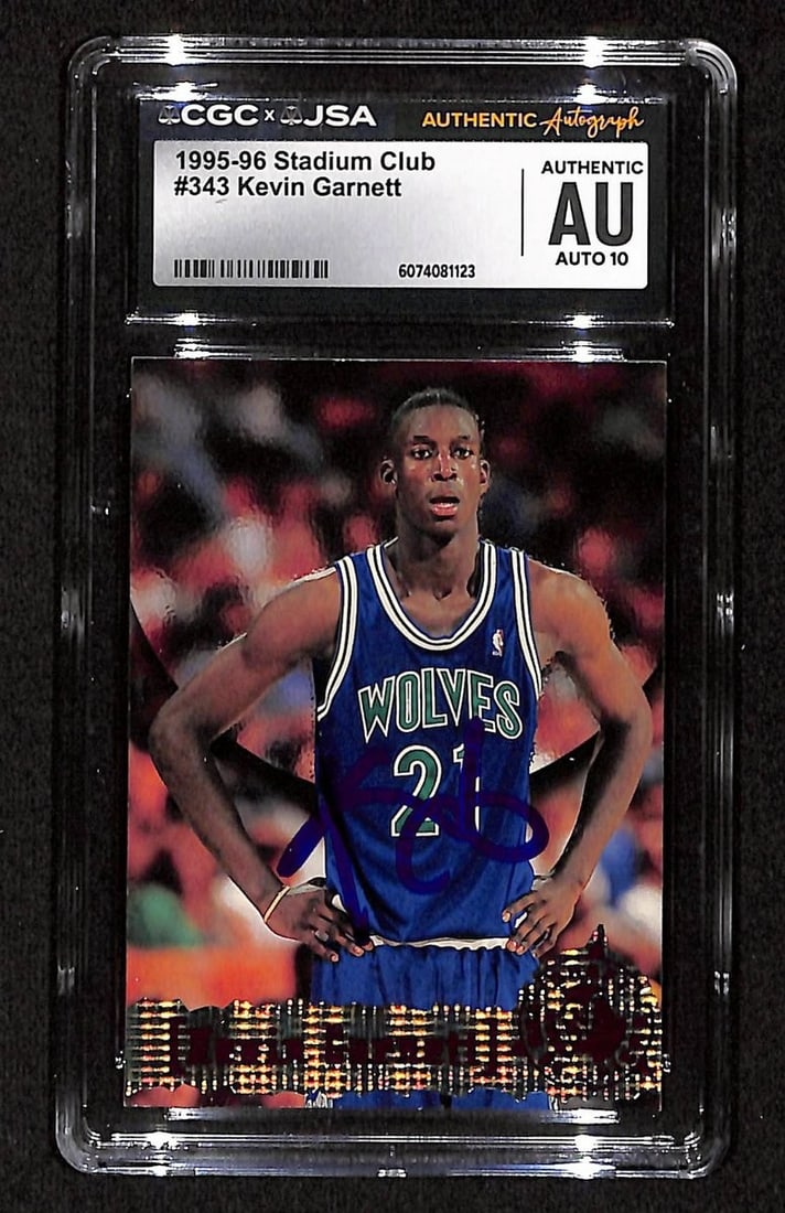 Kevin Garnett Signed 1995-96 Stadium Club Rookie Card JSA Authenticated: Kevin Garnett Signed 1995-96 Stadium Club Rookie Card JSA Authenticated This is an original Kevin Garnett Hall of Fame signed 1995-96 Stadium Club rookie card #343 from the Minnesota Timberwolves. The