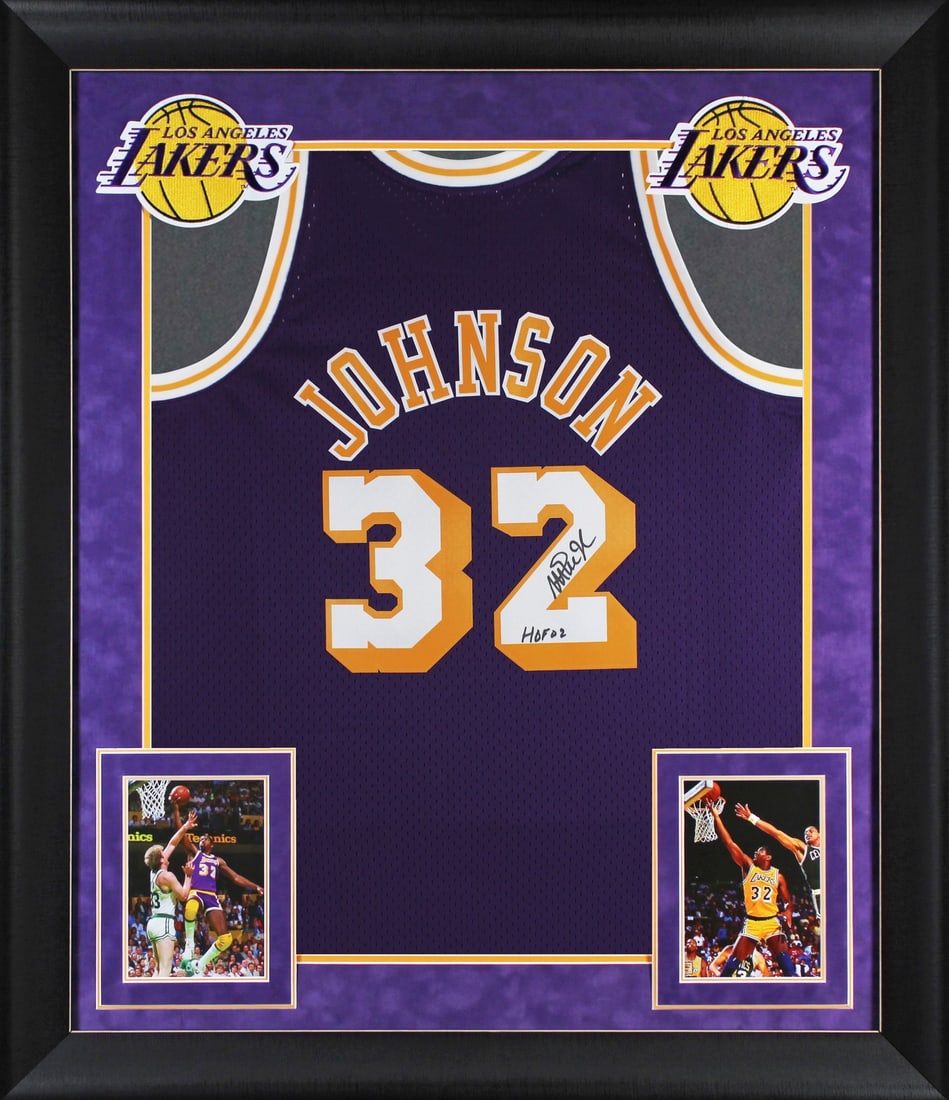 Magic Johnson Signed Lakers Framed Jersey HOF 02 Mitchell & Ness BAS Authenticated: Magic Johnson Signed Lakers Framed Jersey HOF 02 Mitchell & Ness BAS Authenticated Celebrate the legacy of Magic Johnson with this stunning, autographed Purple Mitchell & Ness Hardwood Classics Swingm