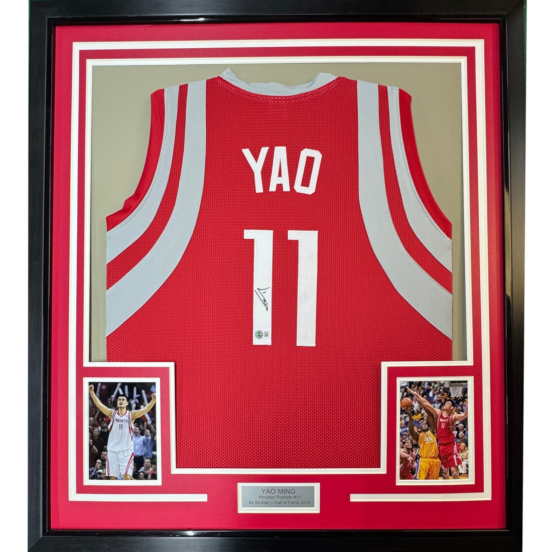 Framed Signed Yao Ming Houston Rockets Jersey with BAS COA: Framed Signed Yao Ming Houston Rockets Jersey with BAS COA Celebrate the legacy of Yao Ming with this professionally framed and autographed Houston Rockets basketball jersey. Measuring 35x39 inches, t