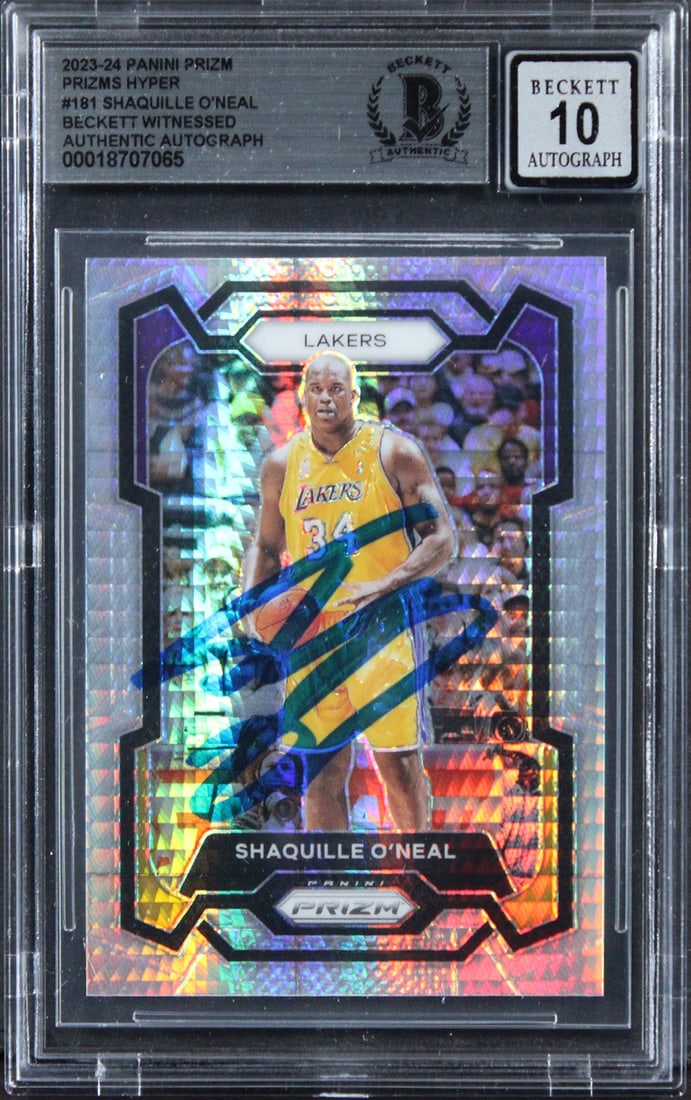2023 Panini Prizm Hyper #181 Shaquille O'Neal BAS Auto 10 Lakers Card: 2023 Panini Prizm Hyper #181 Shaquille O'Neal BAS Auto 10 Lakers Card This is an original 2023 Panini Prizm Prizms Hyper #181 basketball card, personally signed by Shaquille O'Neal of the Los Angeles 