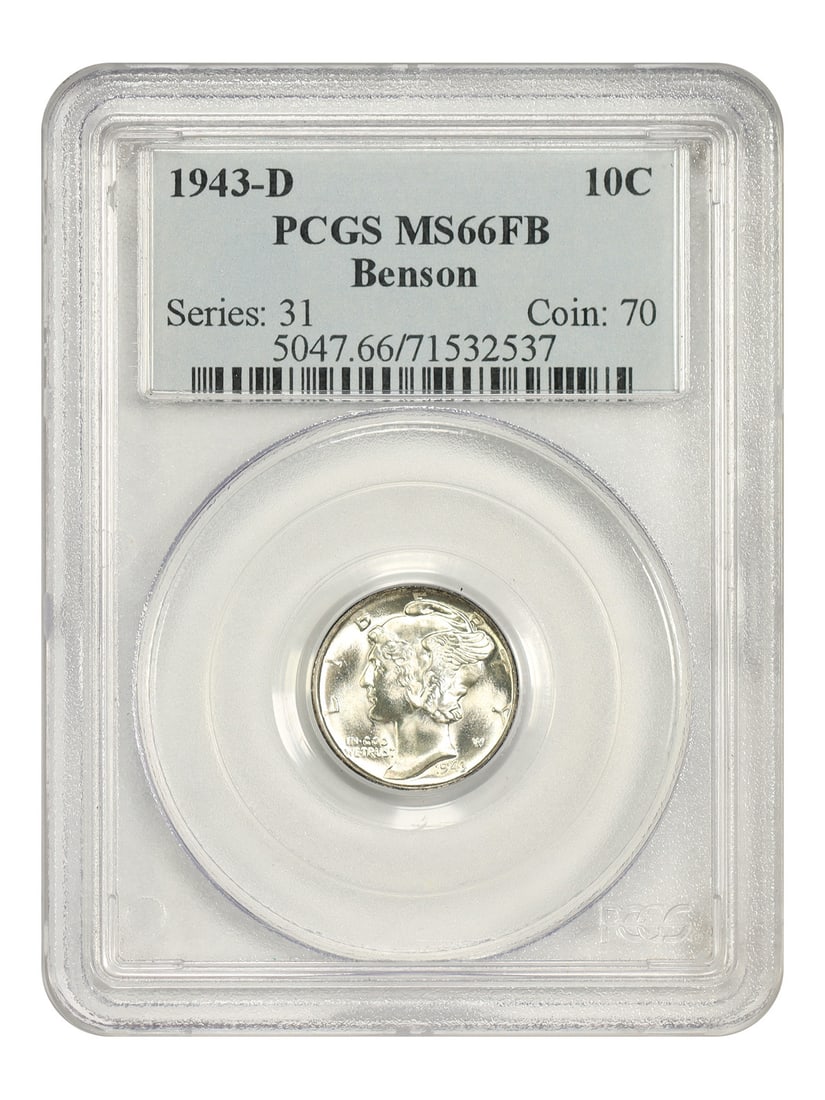 PCGS MS66FB 1943-D Mercury Dime 10C ex Benson: PCGS MS66FB 1943-D Mercury Dime 10C ex Benson 1943-D Mercury Dime graded PCGS MS66FB. The coin is a 10C issue from 1943, struck at the Denver Mint, and is listed as uncirculated. Certification number 