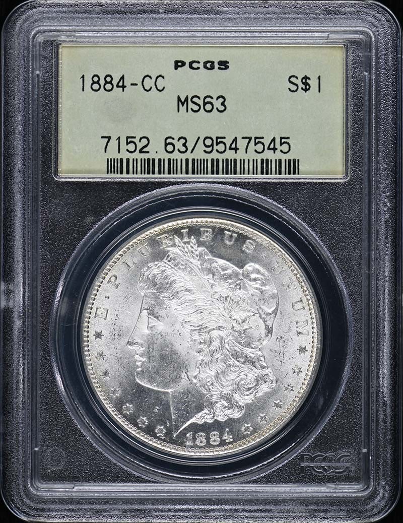 PCGS MS63 1884 CC Morgan Silver Dollar: PCGS MS63 1884 CC Morgan Silver Dollar This 1884-CC Morgan Dollar is graded MS63 by PCGS, indicating an uncirculated condition. Minted in Carson City, this coin is a classic example of United States n