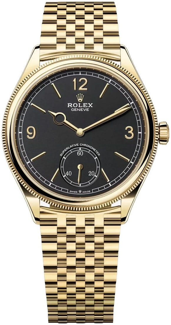 Rolex 1908 Jubilee Fluted Bezel Black Arabic Dial Ref 52508: Rolex 1908 Jubilee Fluted Bezel Black Arabic Dial Ref 52508 This Rolex 1908 watch features a black dial with index and Arabic numerals, complemented by a fluted bezel and a Jubilee bracelet. It comes 