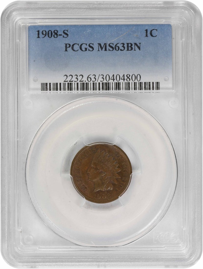PCGS Certified 1908 San Francisco Indian Head Cent MS63 Brown: PCGS Certified 1908 San Francisco Indian Head Cent MS63 Brown This 1908-S Indian Head cent is graded MS63BN by PCGS and is an uncirculated coin. Struck at the San Francisco Mint, it features a copper 