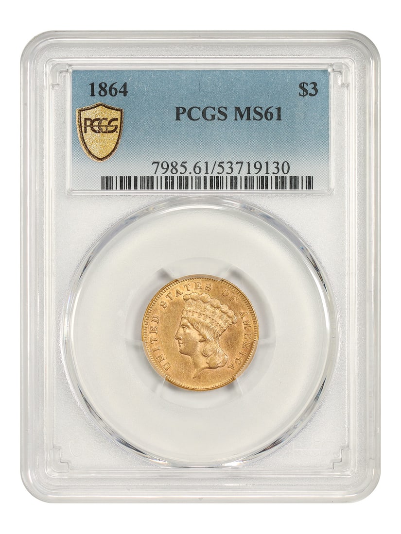 1864 Philadelphia $3 Gold Coin PCGS MS61 (1 of 5)
