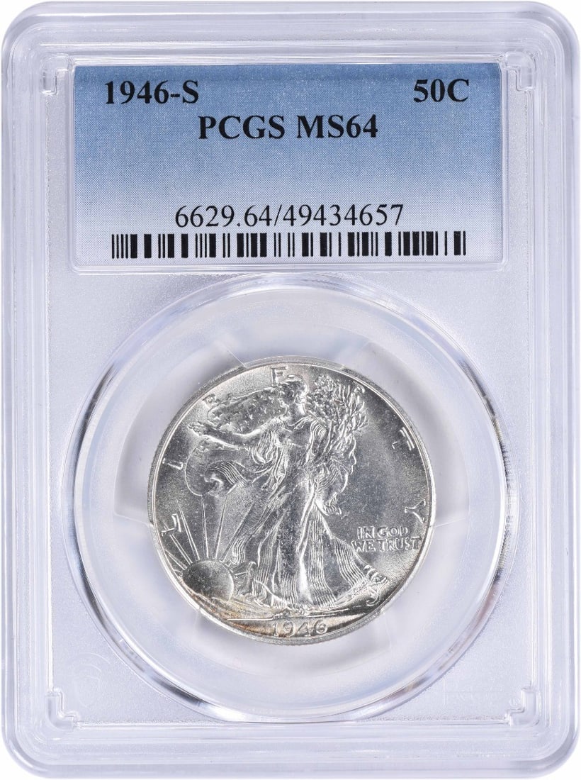 PCGS MS64 1946-S Liberty Walking Silver 50C Half Dollar: PCGS MS64 1946-S Liberty Walking Silver 50C Half Dollar 1946-S Walking Liberty Silver Half Dollar graded MS64 by PCGS. This uncirculated coin is composed of silver and has a denomination of 50C. It is