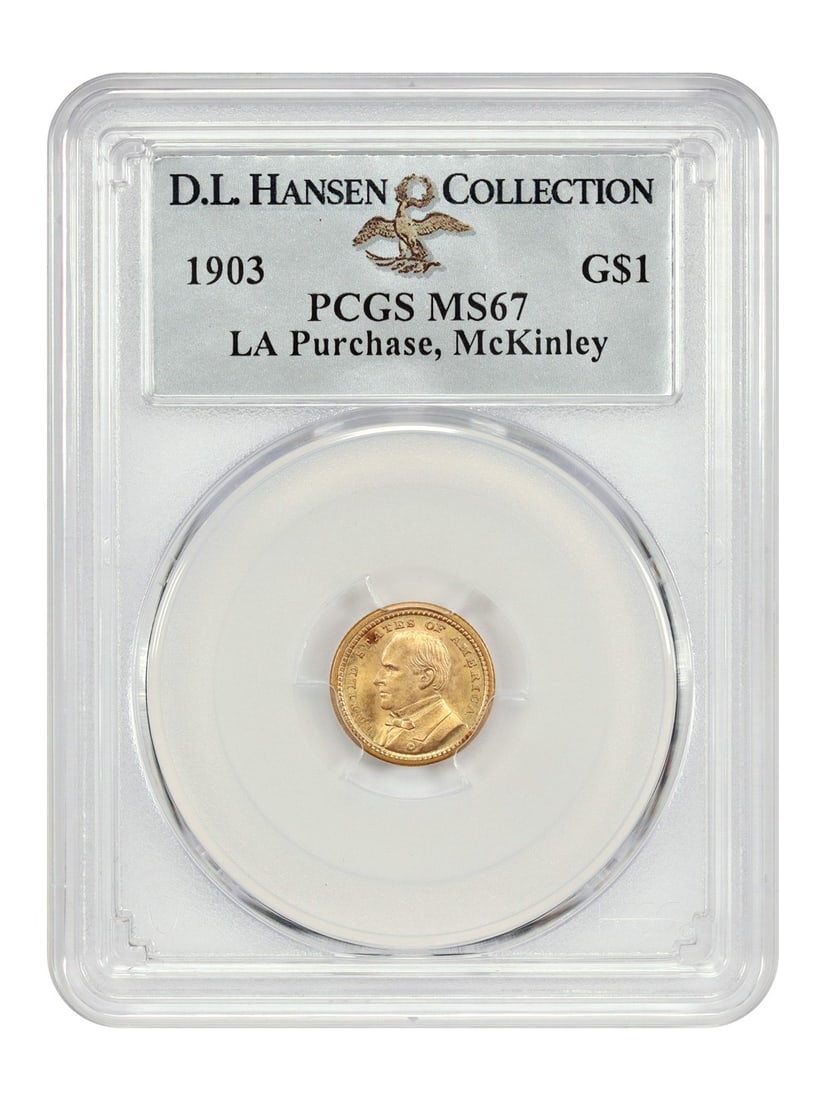 1903 Louisiana Purchase McKinley Gold Dollar PCGS MS67 ex D.L. Hansen: 1903 Louisiana Purchase McKinley Gold Dollar PCGS MS67 ex D.L. Hansen 1903 G$1 McKinley PCGS MS67. This uncirculated Philadelphia-mint Classic Gold Commemorative is certified by PCGS and graded MS67. 