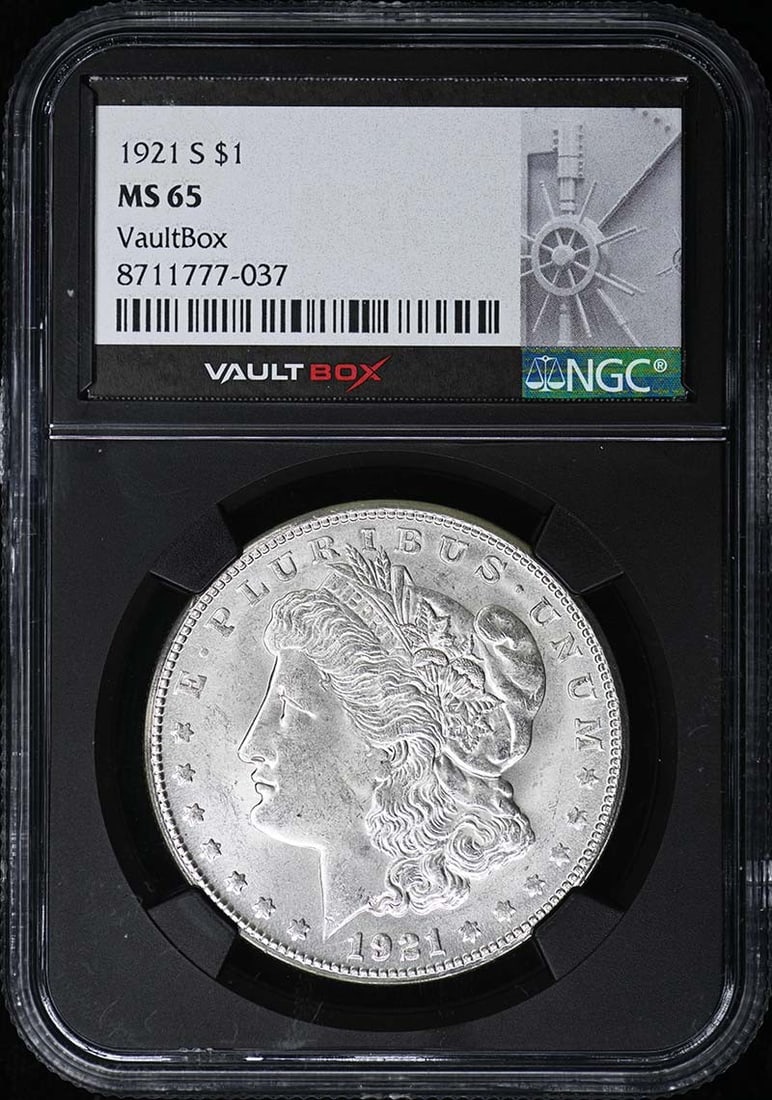 NGC MS65 1921 San Francisco Morgan Silver Dollar Vault Box Issue: NGC MS65 1921 San Francisco Morgan Silver Dollar Vault Box Issue This is a 1921-S Morgan Dollar graded MS65 by NGC. Struck at the San Francisco Mint, this uncirculated coin features the classic Morgan