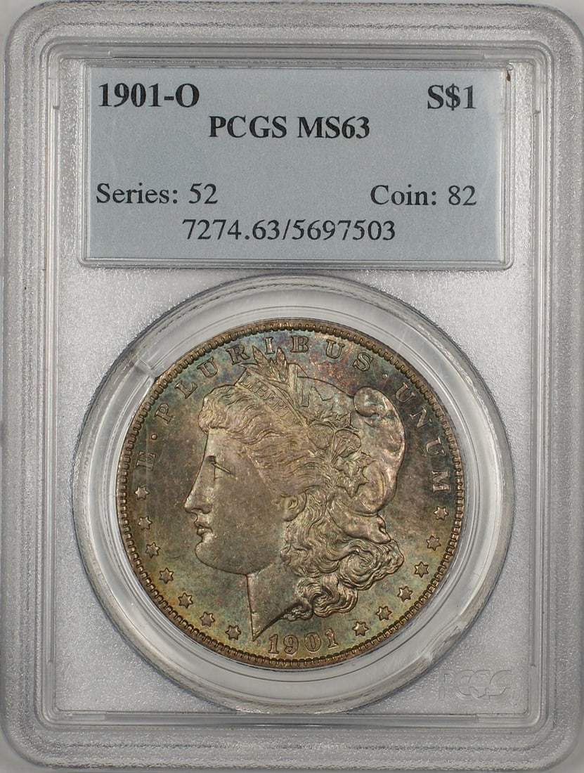 PCGS MS63 1901-O Morgan Silver Dollar: PCGS MS63 1901-O Morgan Silver Dollar This 1901-O Morgan Silver Dollar features attractive natural toning and is graded MS-63 by PCGS. Struck in New Orleans, this uncirculated coin is composed of silv