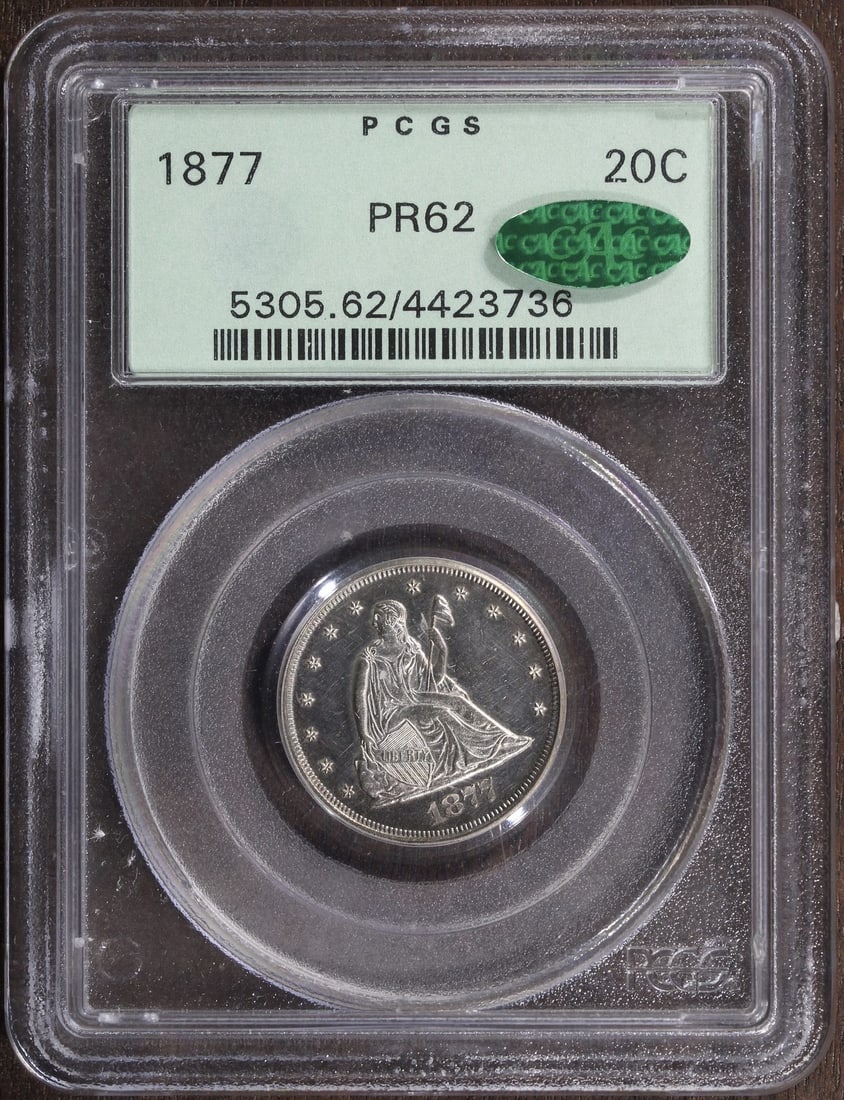1877 Silver Proof 20 Cent Coin PR62 PCGS CAC OGH Philadelphia: 1877 Silver Proof 20 Cent Coin PR62 PCGS CAC OGH Philadelphia This is an 1877 Proof 20 Cent Piece graded PR62 by PCGS and endorsed by CAC. The coin is uncirculated, struck in silver, and was minted in