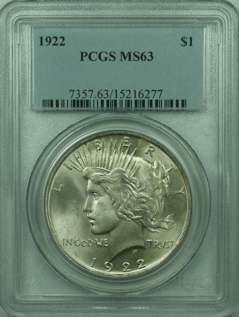 1922 Peace Dollar Silver Coin PCGS MS63 Philadelphia Mint Certified: 1922 Peace Dollar Silver Coin PCGS MS63 Philadelphia Mint Certified This is a 1922 Peace Silver Dollar $1 coin from the United States, certified by PCGS with a grade of MS-63. Struck in Philadelphia, 