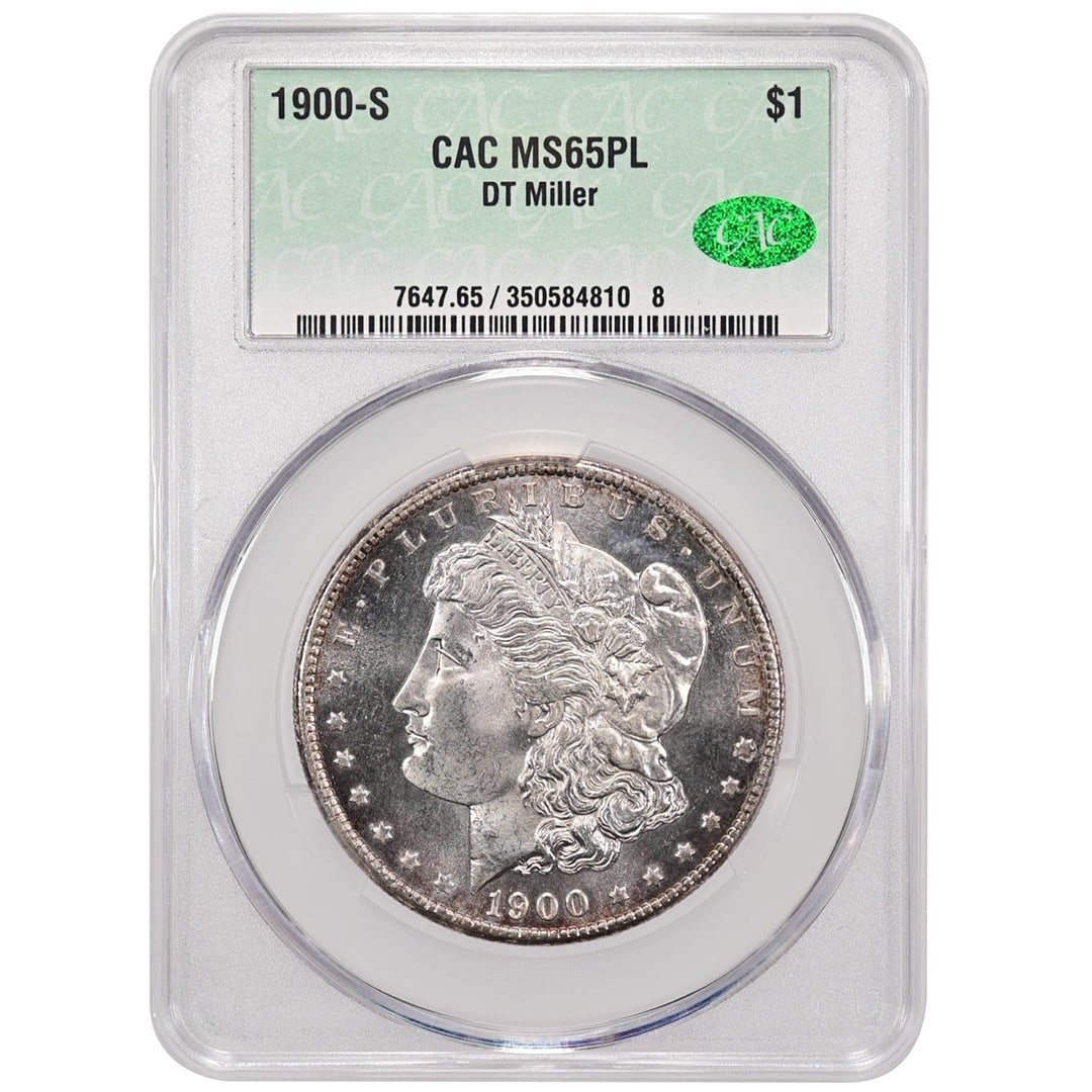CACG MS65PL 1900-S Morgan silver dollar proof like: CACG MS65PL 1900-S Morgan silver dollar proof like This 1900-S Morgan Dollar is an uncirculated silver coin struck at the San Francisco Mint. It features a proof-like strike and has been graded MS65PL