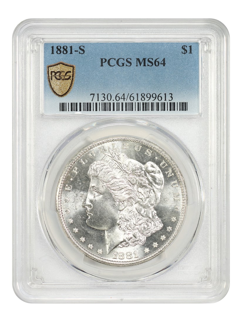 PCGS MS64 1881-S Morgan Silver Dollar $1 Uncirculated: PCGS MS64 1881-S Morgan Silver Dollar $1 Uncirculated 1881-S Morgan Dollar certified by PCGS and graded MS64. This uncirculated $1 coin is a popular collector date and is identified as the single best