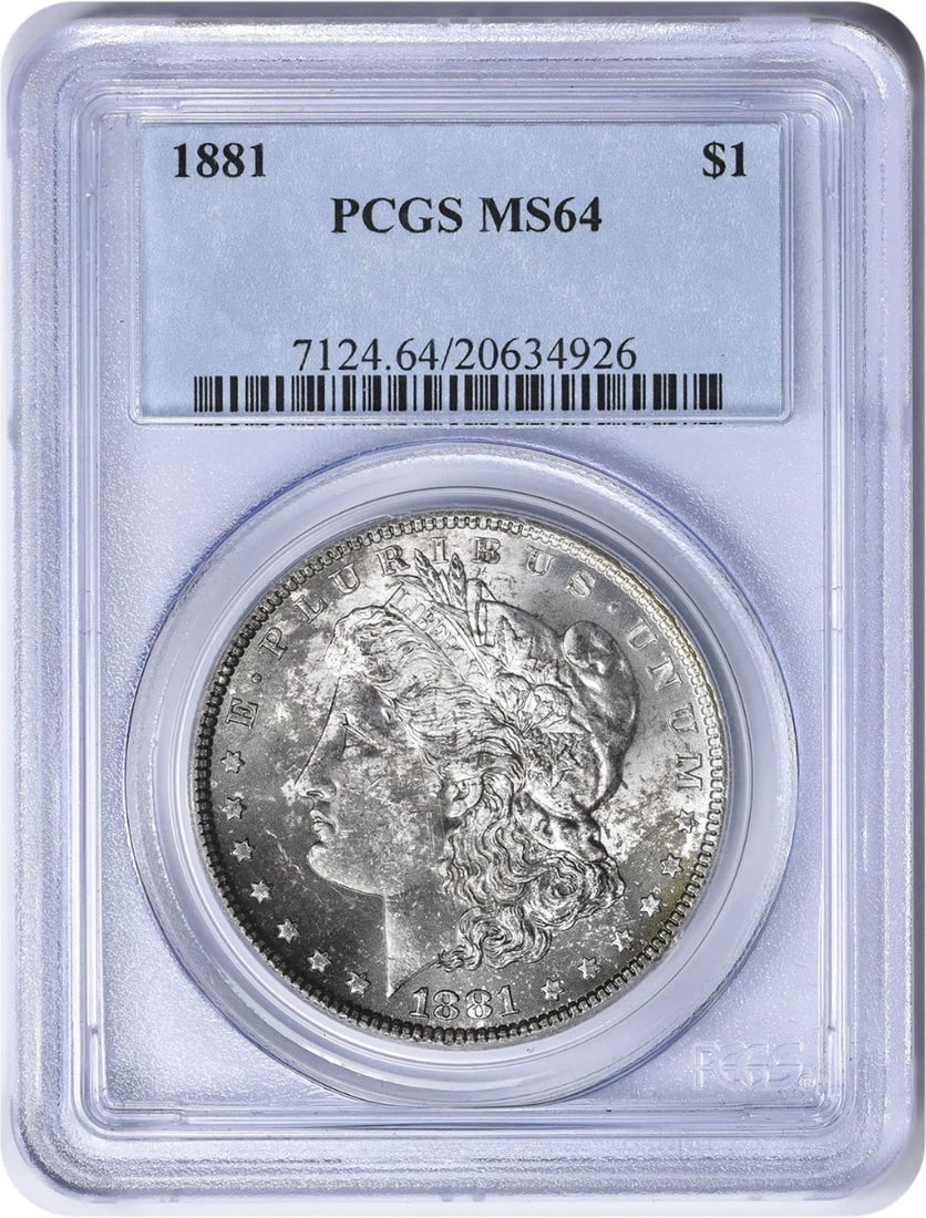 MS64 PCGS Certified 1881 Morgan Dollar Uncirculated Philadelphia Issue: MS64 PCGS Certified 1881 Morgan Dollar Uncirculated Philadelphia Issue This 1881 Morgan Silver Dollar is graded MS64 by PCGS and was minted in Philadelphia. Composed of 90% silver and 10% copper, this