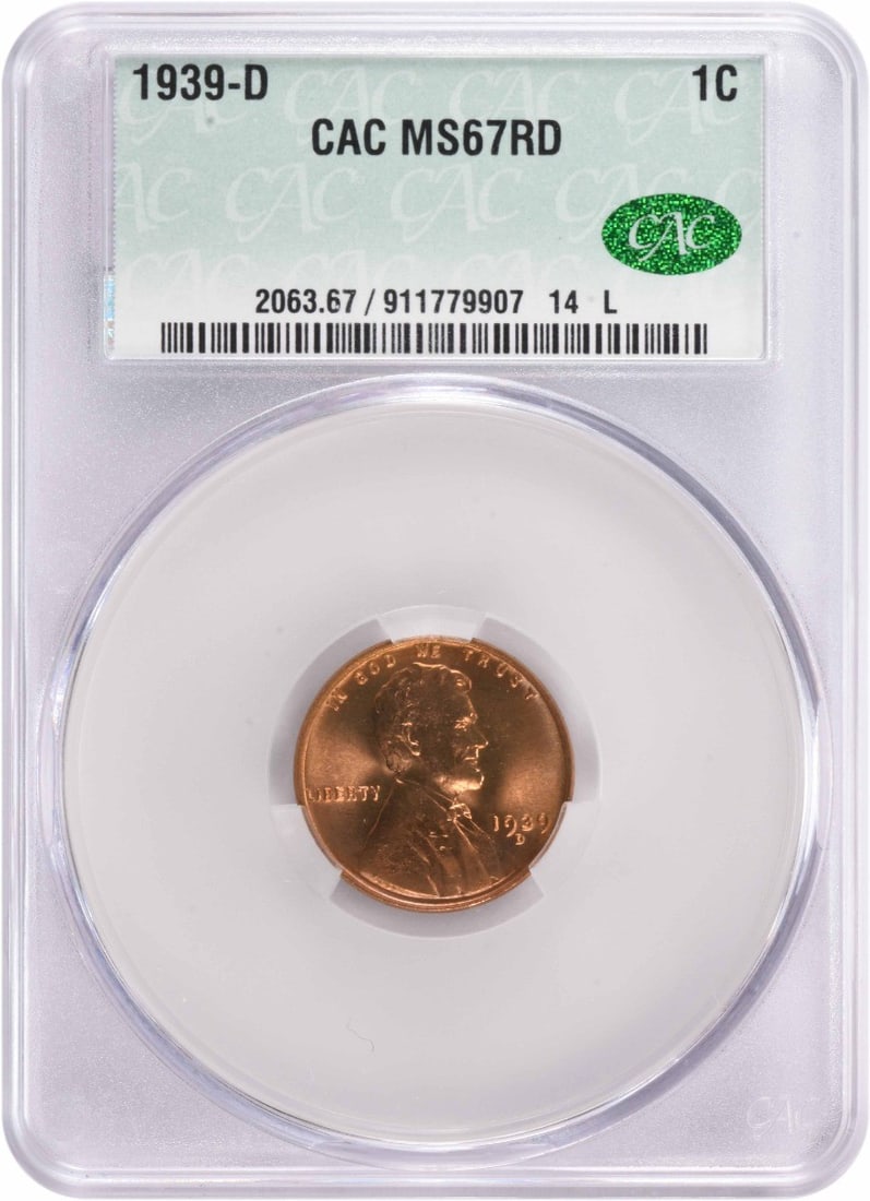 CACG MS67RD 1939-D Lincoln Wheat Small Cent: CACG MS67RD 1939-D Lincoln Wheat Small Cent A 1939-D Lincoln Wheat cent graded MS67RD and certified by CACG. This uncirculated copper coin is a Small Cent from the United States and is listed in pre-o