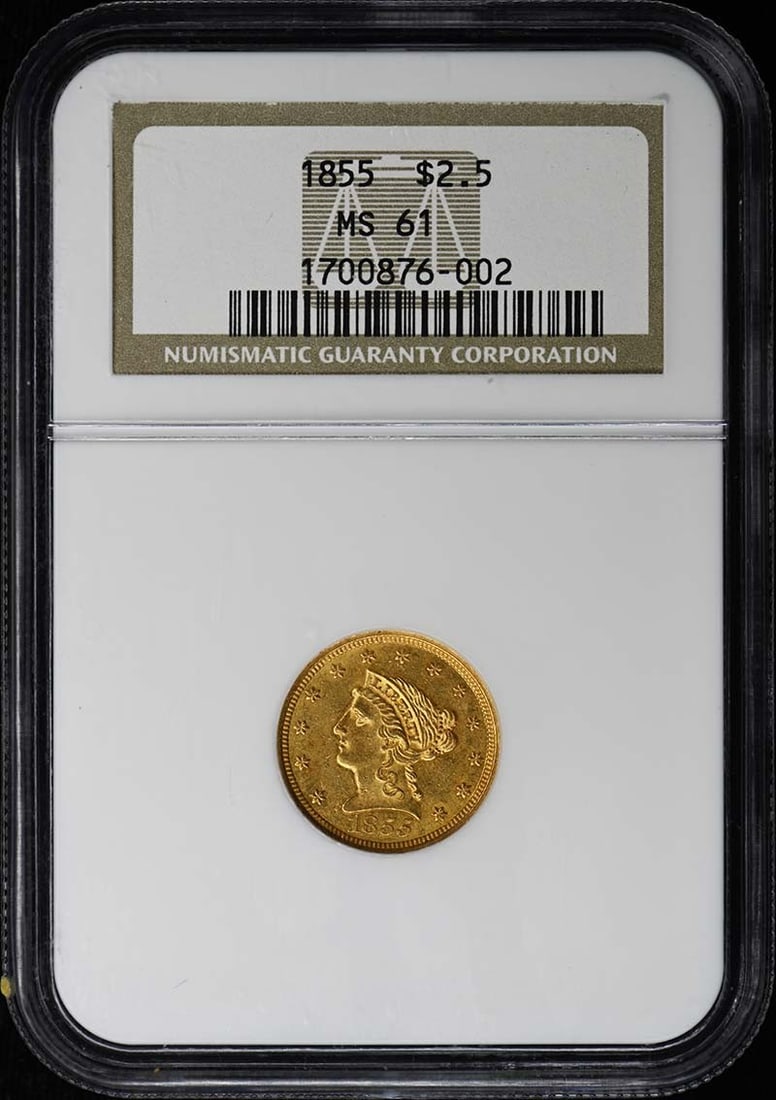 1855 Liberty Head Quarter Eagle Gold Coin NGC MS61 Uncirculated: 1855 Liberty Head Quarter Eagle Gold Coin NGC MS61 Uncirculated This 1855 Quarter Eagle $2.50 gold coin is certified by NGC with a grade of MS61, indicating an uncirculated condition. Minted in Philad