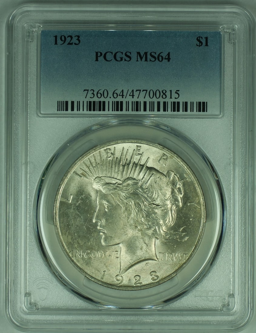 PCGS MS 64 Graded 1923 Peace Silver Dollar Uncirculated Coin: PCGS MS 64 Graded 1923 Peace Silver Dollar Uncirculated Coin This 1923 Peace Silver Dollar coin is composed of silver and certified by PCGS with a grade of MS 64. It is an uncirculated coin from the U