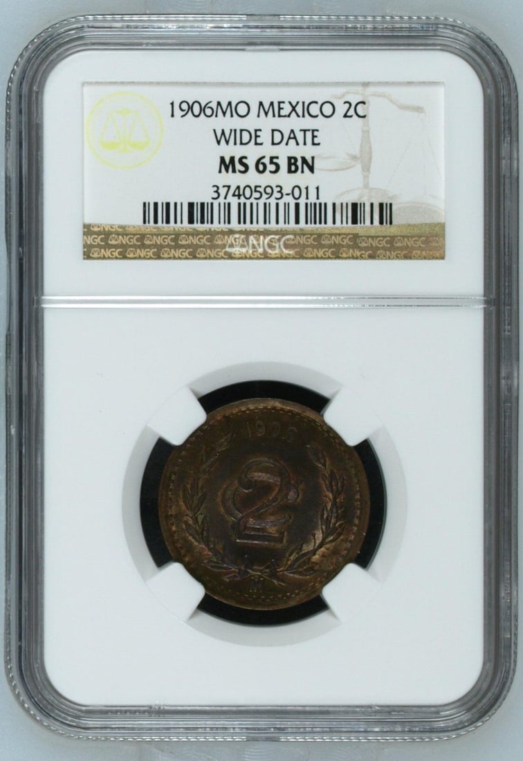 NGC MS65BN Mexico 1906 Wide Date 2 Centavos Uncirculated Coin: NGC MS65BN Mexico 1906 Wide Date 2 Centavos Uncirculated Coin This is a 1906 Mexico 2 centavos coin featuring a wide date variety. Certified by NGC with a grade of MS65BN, this uncirculated coin is a 