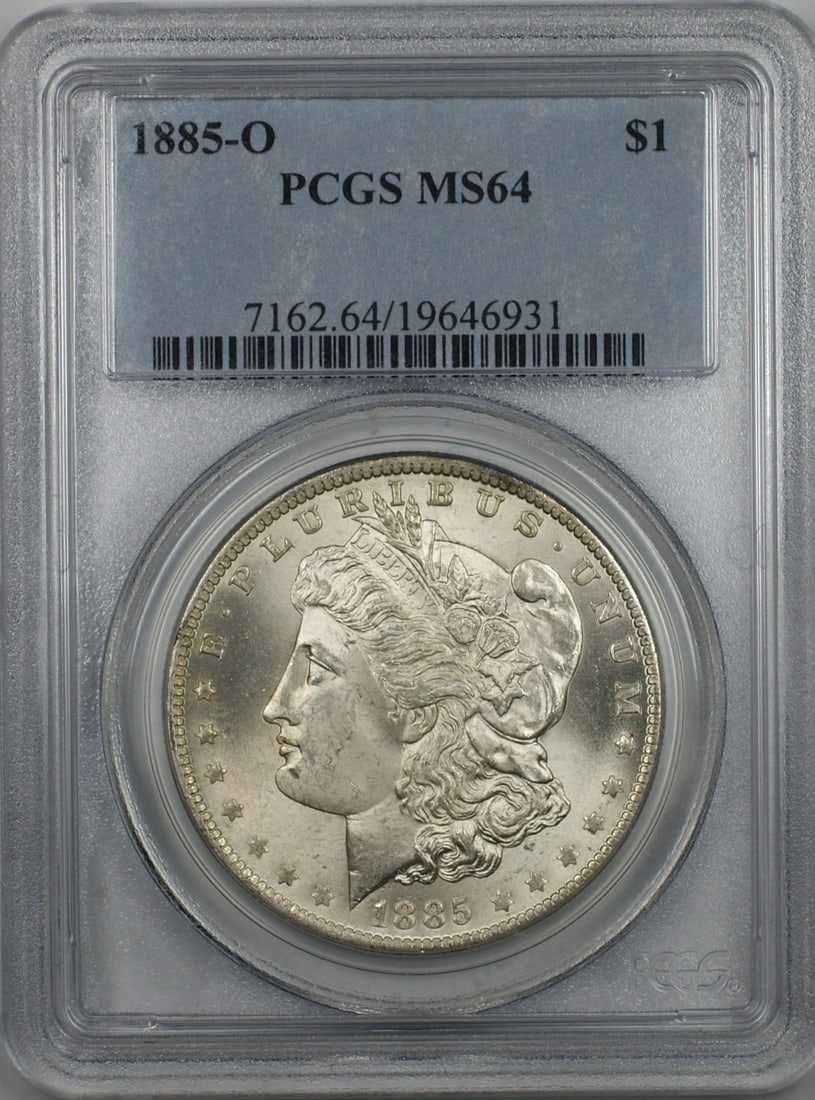 PCGS MS 64 1885-O Morgan silver dollar: PCGS MS 64 1885-O Morgan silver dollar This is an 1885-O Morgan Silver Dollar graded MS-64 by PCGS. Minted in New Orleans, this uncirculated coin is composed of silver and offers a high level of prese