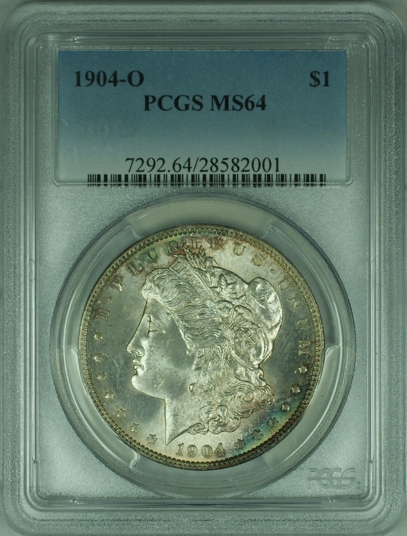 PCGS MS-64 1904-O Morgan Dollar New Orleans Silver Proof-Like Uncirculated: PCGS MS-64 1904-O Morgan Dollar New Orleans Silver Proof-Like Uncirculated This is a 1904-O Morgan Silver Dollar with a denomination of $1, minted in New Orleans. The coin is graded MS-64 by PCGS and 