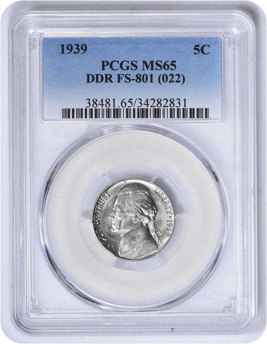 PCGS MS65 1939 Jefferson Nickel DDR FS-801: PCGS MS65 1939 Jefferson Nickel DDR FS-801 This is a 1939 Jefferson Nickel featuring the DDR FS-801 variety, graded MS65 by PCGS. Struck at the Philadelphia Mint, this uncirculated coin is composed of