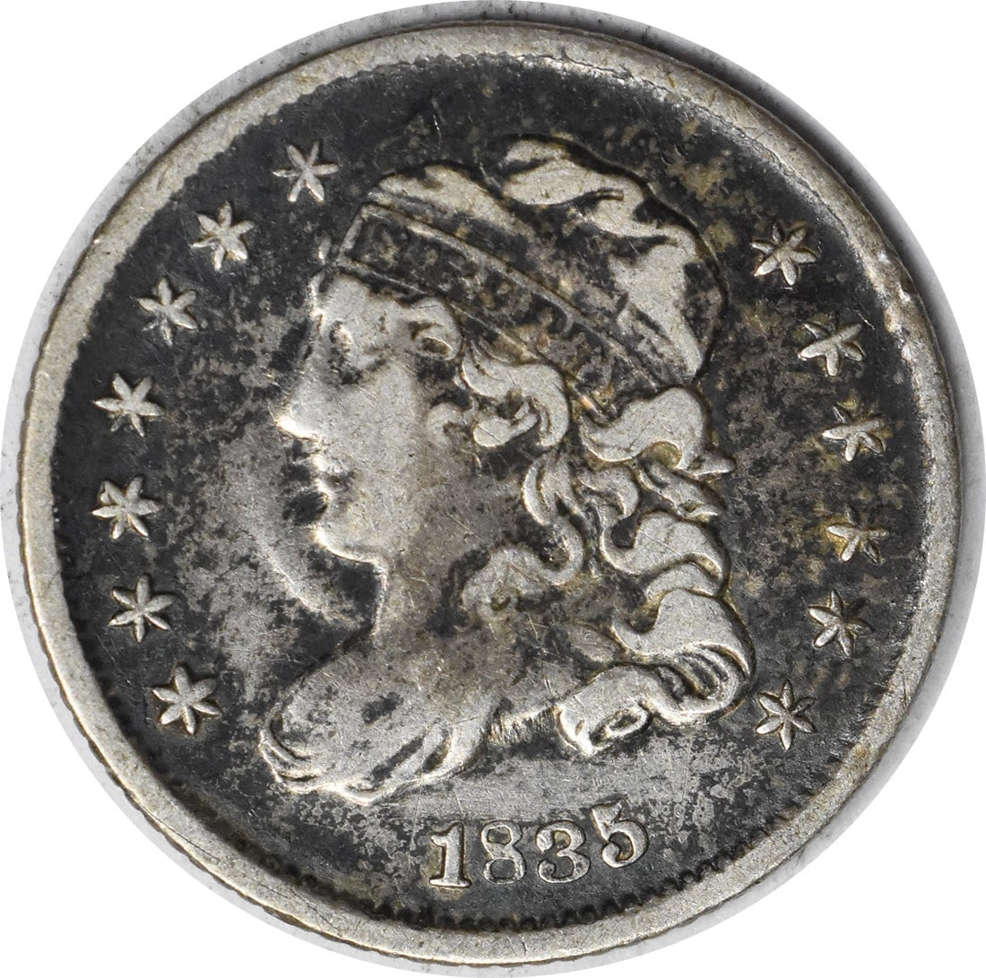 1835 Capped Bust Silver Half Dime VF Uncertified Philadelphia Mint: 1835 Capped Bust Silver Half Dime VF Uncertified Philadelphia Mint This 1835 Bust Silver Half Dime features a Capped Bust design and is graded as VF (Very Fine). Minted in Philadelphia, this circulate