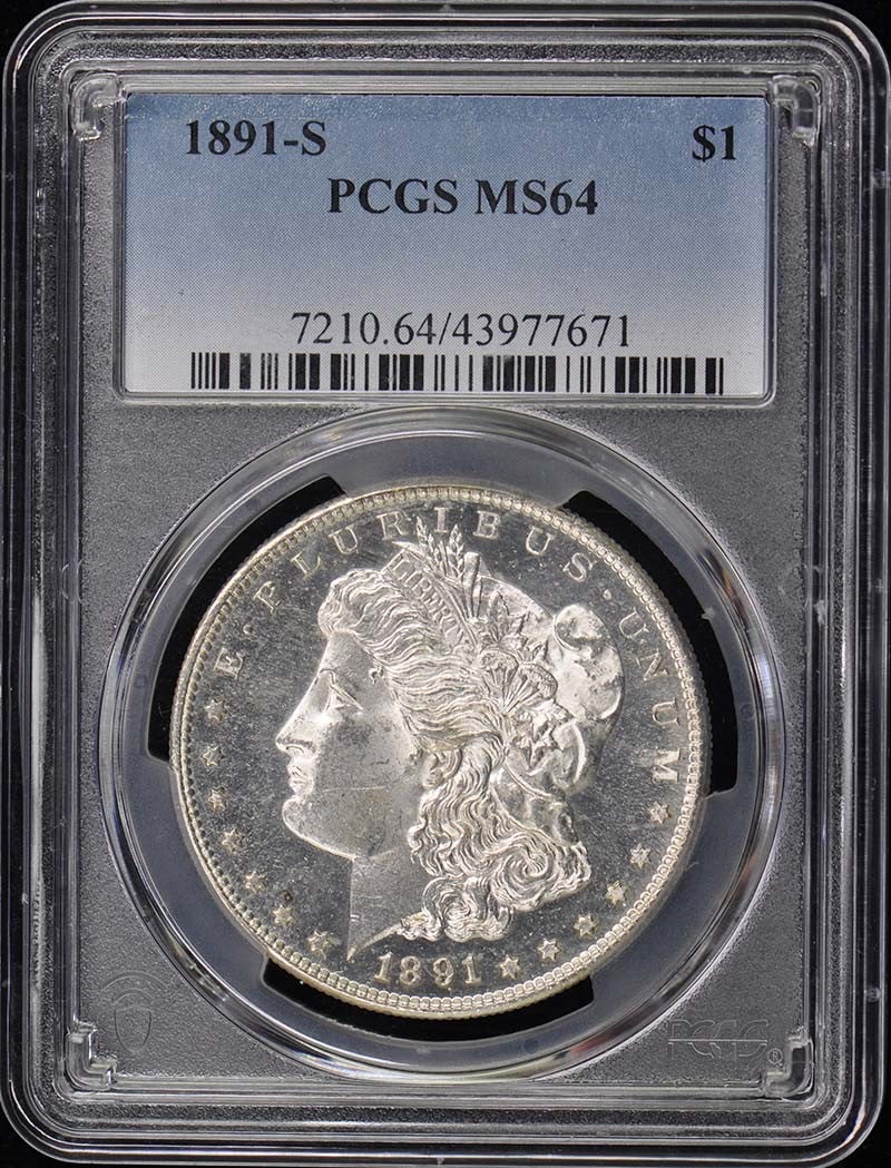 1891-S Morgan Dollar PCGS MS64 Certified Uncirculated Coin: 1891-S Morgan Dollar PCGS MS64 Certified Uncirculated Coin This 1891-S Morgan Dollar is certified by PCGS with a grade of MS64, indicating it is in uncirculated condition. Struck at the San Francisco 