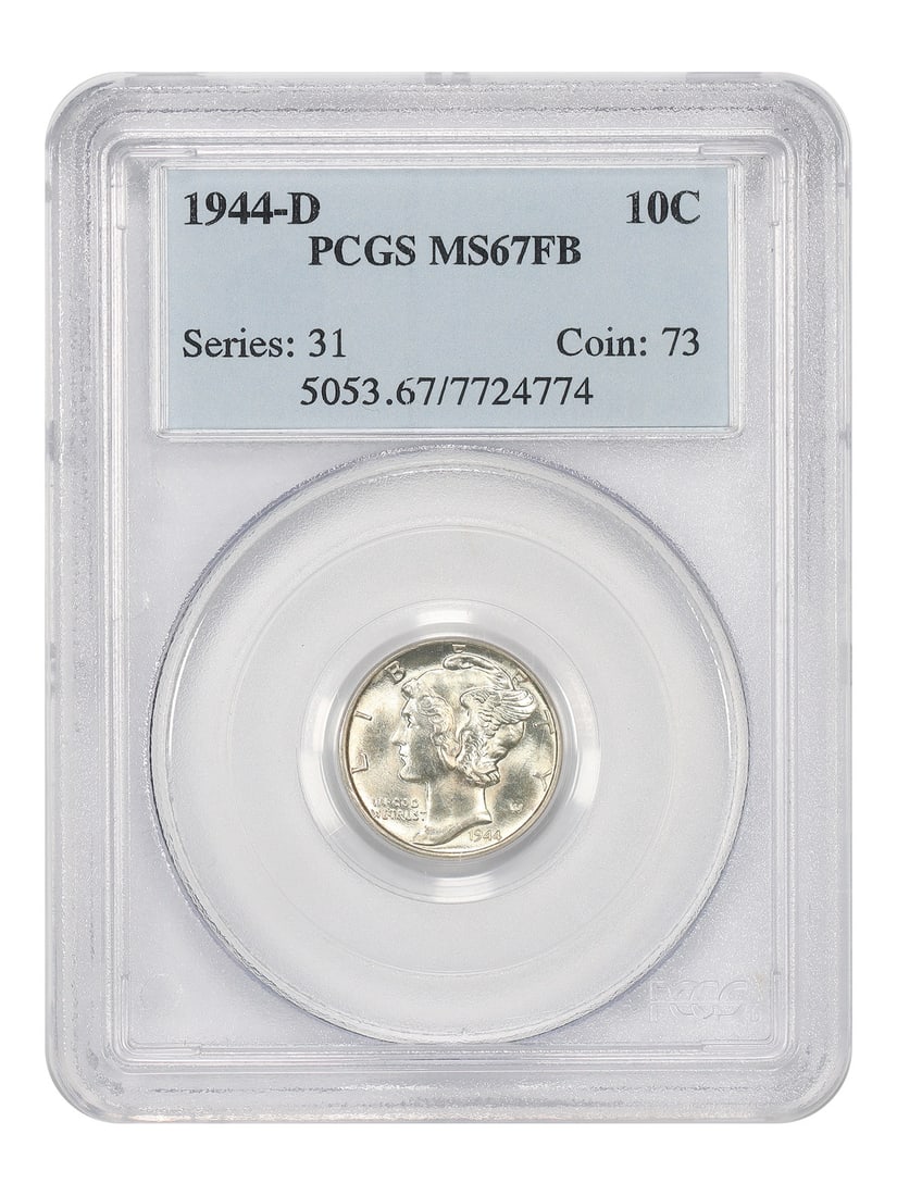 Mercury Dime 1944-D 10C PCGS MS67FB: Mercury Dime 1944-D 10C PCGS MS67FB 1944-D Mercury Dime graded PCGS MS67FB. The coin is uncirculated and was minted in Denver. Certification number 07724774 is provided. Condition is pre-owned. Specif