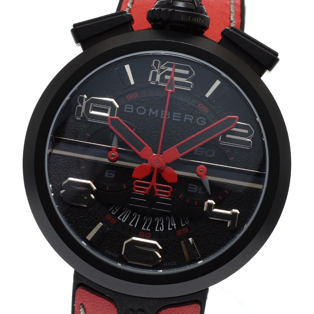BOMBERG 1968 Quartz Chronograph Date Men's Wristwatch: BOMBERG 1968 Quartz Chronograph Date Men's Wristwatch This BOMBERG 1968 RS45CHPBA.22.3 men's chronograph wristwatch features a stainless steel case and a black dial, complemented by a leather and rubb