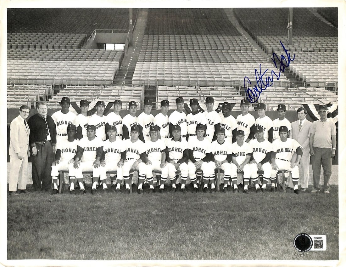 Beckett Authenticated Carlton Fisk Louisville Colonels Team Photo: Beckett Authenticated Carlton Fisk Louisville Colonels Team Photo This vintage black-and-white team photograph features the Louisville Colonels and is hand-signed in bold ink by Hall of Fame catcher C