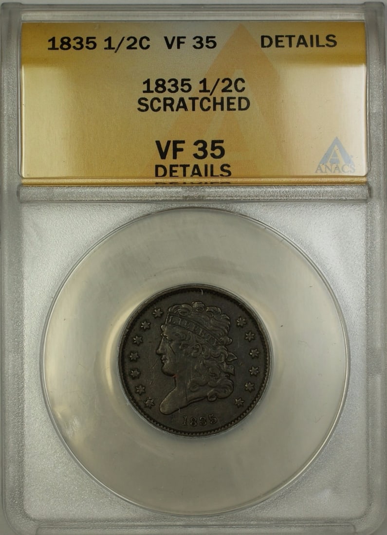 1835 Classic Head Half Cent Copper Coin ANACS VF-35 Details Scratched: 1835 Classic Head Half Cent Copper Coin ANACS VF-35 Details Scratched This is an 1835 Classic Head Half Cent coin, certified by ANACS with a grade of VF-35 Details. The coin is circulated and composed