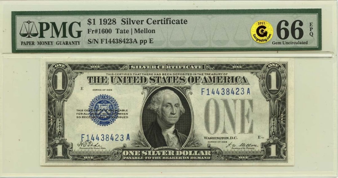 1928 United States Silver Certificate $1 PMG 66 EPQ Fr 1600: 1928 United States Silver Certificate $1 PMG 66 EPQ Fr 1600 1928 $1 Silver Certificate graded PMG GEM 66 EPQ. The note is uncirculated and identified as FR#1600. It is a pre-owned United States issue.