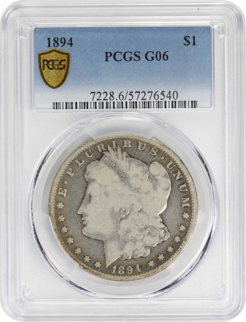 1894 Morgan Silver Dollar G06 Certified PCGS 90% Silver Coin: 1894 Morgan Silver Dollar G06 Certified PCGS 90% Silver Coin This 1894 Morgan Silver Dollar is a remarkable piece of history, certified by PCGS. It features a classic design by George T. Morgan and is