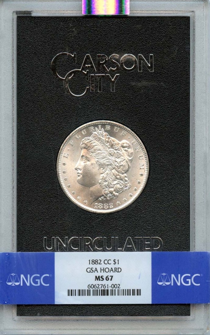 NGC MS67 1882 Carson City Morgan Silver Dollar GSA Hoard: NGC MS67 1882 Carson City Morgan Silver Dollar GSA Hoard This is an un-used 1882-CC Morgan Dollar from the GSA Hoard, certified by NGC with a grade of MS67. Minted in Carson City, this coin is a pre-o