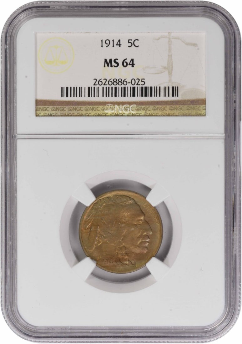 1914 Buffalo Five Cent Coin MS64 Graded by NGC: 1914 Buffalo Five Cent Coin MS64 Graded by NGC This is a 1914 Buffalo Nickel graded MS64 by NGC. The coin is uncirculated and composed of nickel. It was minted in the United States and does not bear a