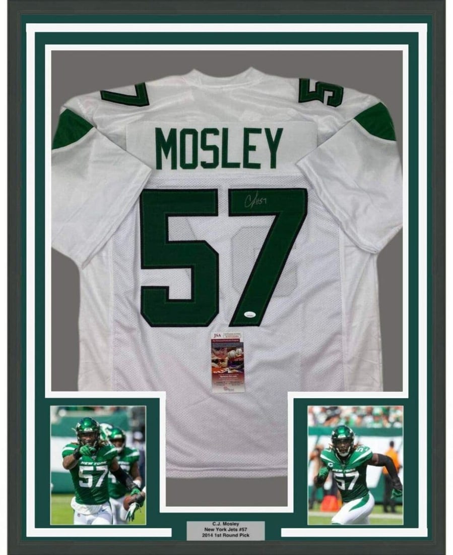 C.J. Mosley Signed New York Jets Jersey in 35x39 Frame with JSA Authentication: C.J. Mosley Signed New York Jets Jersey in 35x39 Frame with JSA Authentication This professionally framed display features a white New York Jets jersey autographed by C.J. Mosley. The jersey is authen