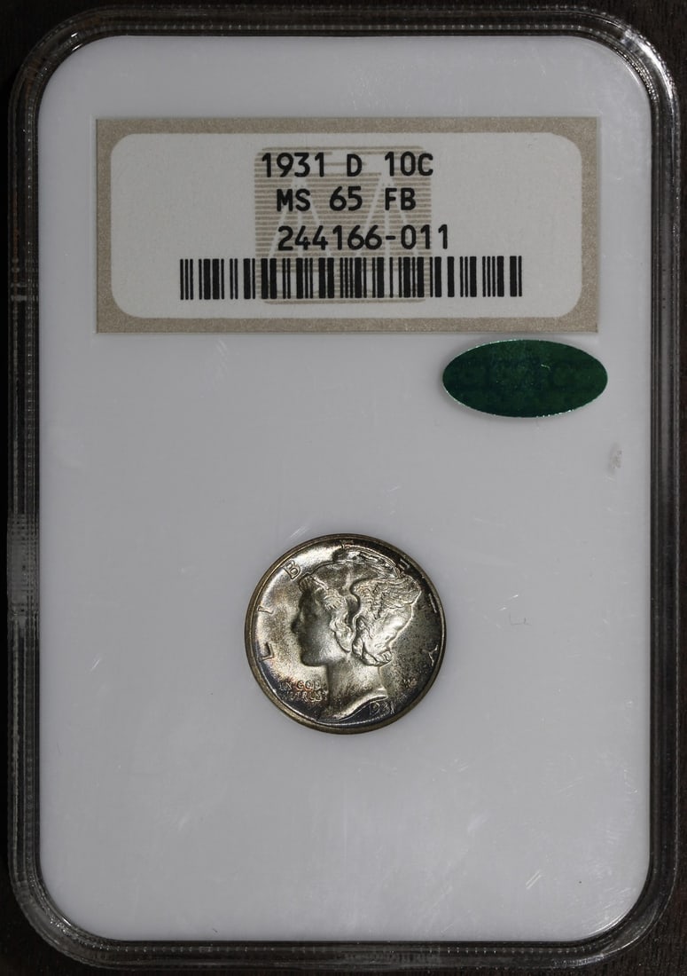1931-D Mercury 10C NGC MS65FB CAC Silver Better Date: 1931-D Mercury 10C NGC MS65FB CAC Silver Better Date This 1931-D Mercury Dime is certified by NGC and features the desirable MS65FB grade with CAC approval. Minted in Denver, the coin is composed of 9