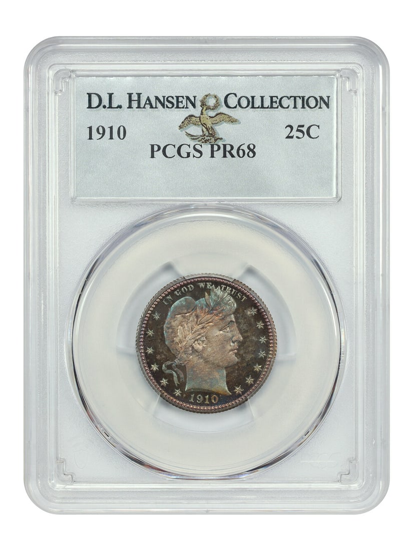 PCGS PR68 1910 Barber Quarter 25C: PCGS PR68 1910 Barber Quarter 25C A 1910 Barber Quarter certified by PCGS and graded PR68. This uncirculated Philadelphia issue comes from a comparatively low mintage of just 551 coins and is