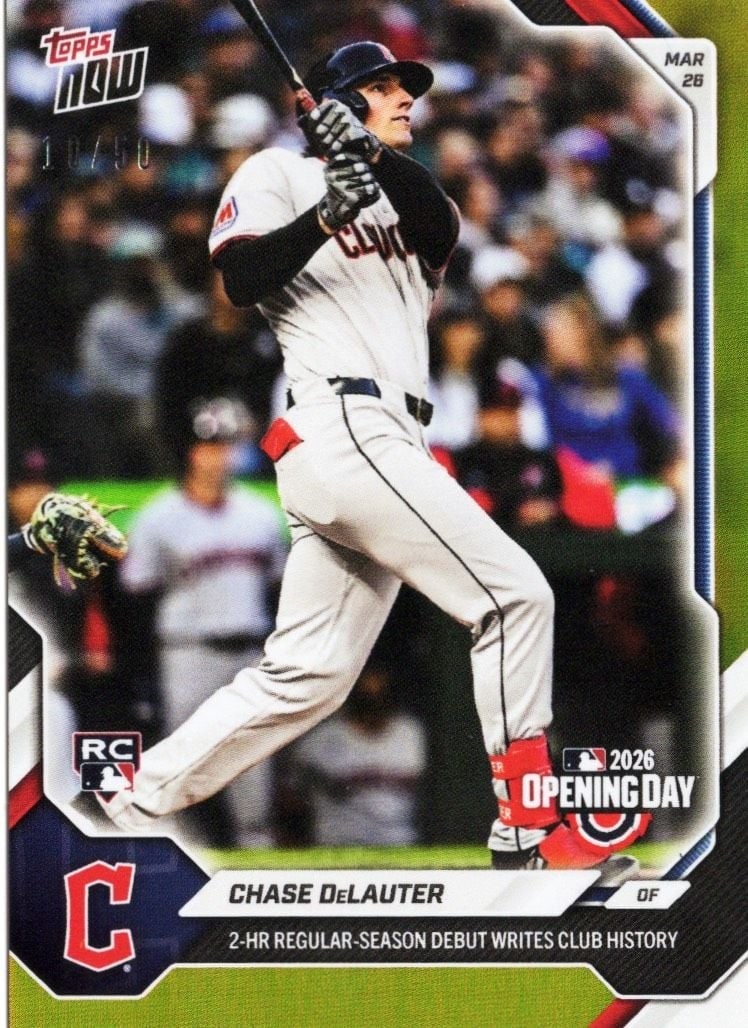 2026 Topps Now Chase DeLauter Gold Foil Rookie Card 12 /50: 2026 Topps Now Chase DeLauter Gold Foil Rookie Card 12 /50 This is a 2026 Topps Now Chase DeLauter #12 Gold Foil Rookie baseball card, featuring the player from the Cleveland Guardians. The card is pa