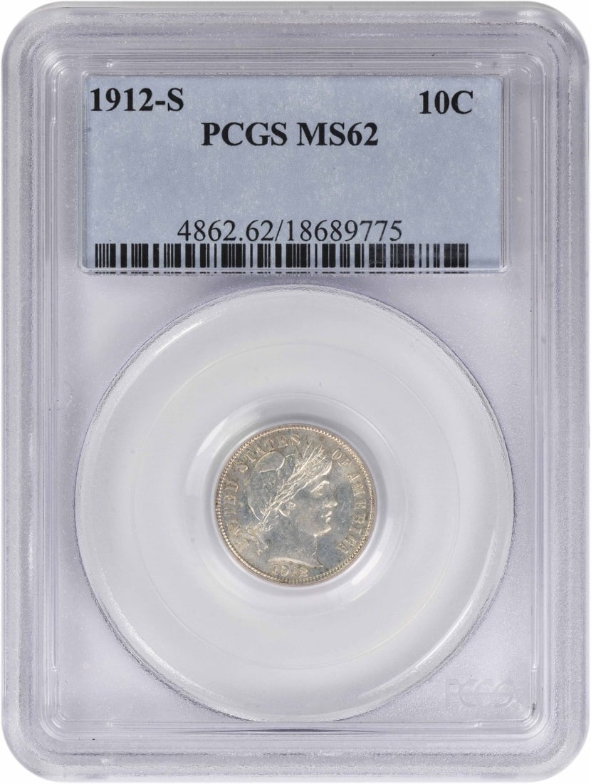 PCGS MS62 1912-S Barber Dime Silver 10C United States Coin: PCGS MS62 1912-S Barber Dime Silver 10C United States Coin This is a 1912-S Barber Silver Dime graded MS62 by PCGS. The coin is uncirculated and composed of silver. It was minted in San Francisco and 