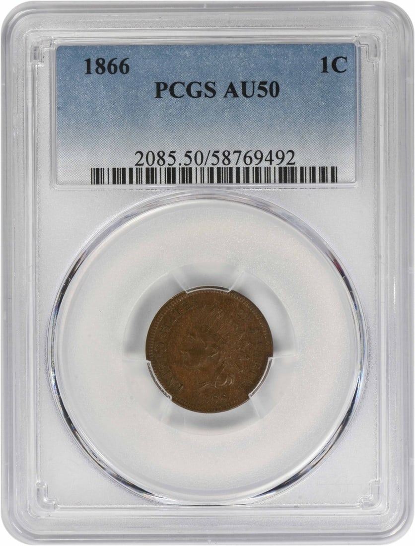 1866 Copper Indian Head Cent AU50 Graded by PCGS: 1866 Copper Indian Head Cent AU50 Graded by PCGS This is an 1866 Indian Head cent graded AU50 by PCGS. The coin is composed of copper and was minted in the United States with no mint mark. It features