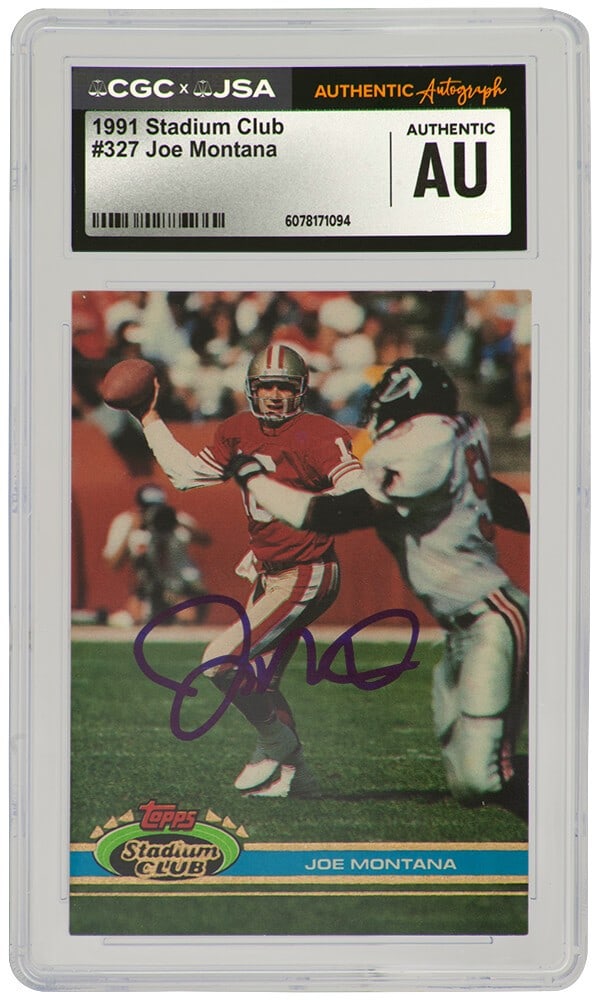 CGC x JSA Encapsulated Joe Montana 49ers 1991 Stadium Club Card #327 Signed: CGC x JSA Encapsulated Joe Montana 49ers 1991 Stadium Club Card #327 Signed This is a 1991 Stadium Club football trading card #327 featuring Joe Montana of the San Francisco 49ers, personally signed b
