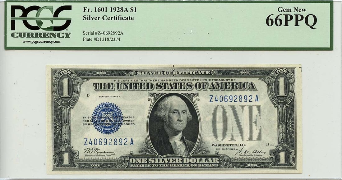 1928A $1 Silver Certificate Fr# 1601 PCGS Gem 66 PPQ: 1928A $1 Silver Certificate Fr# 1601 PCGS Gem 66 PPQ This 1928A $1 Silver Certificate, designated as Fr# 1601, is graded as PCGS Gem66 PPQ, indicating its exceptional quality. It is an uncirculated pi