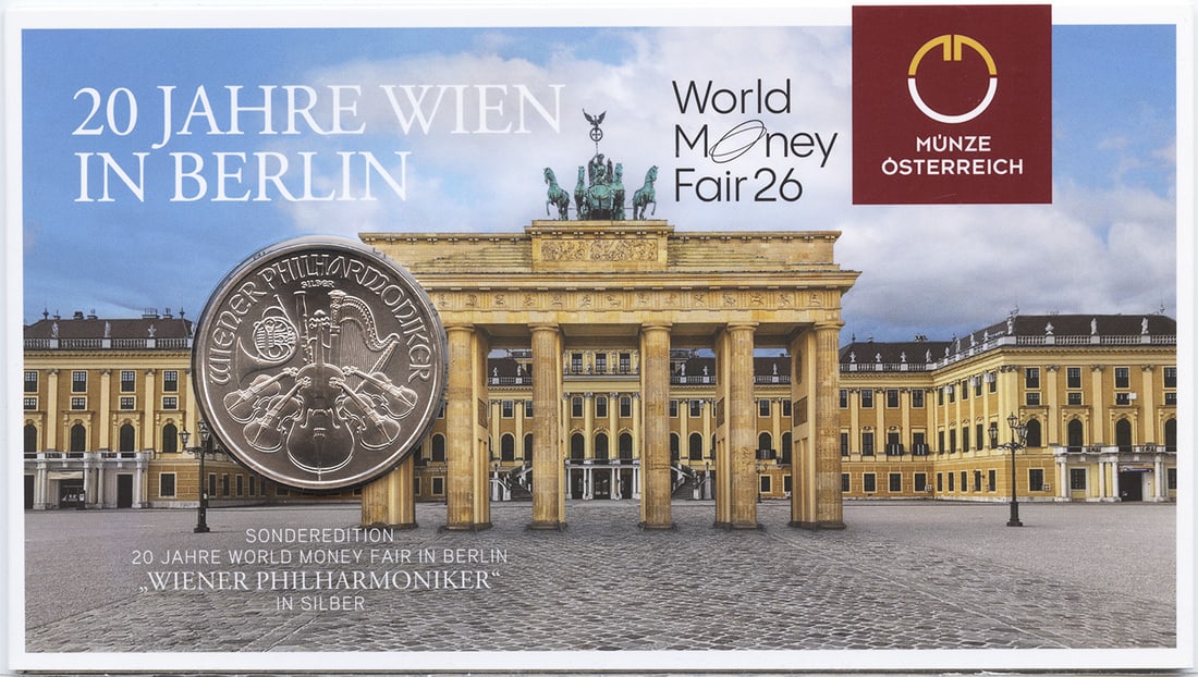 Austria 2026 150 Euro Silver Philharmoniker 1 oz WMF Berlin Coin: Austria 2026 150 Euro Silver Philharmoniker 1 oz WMF Berlin Coin A one-ounce silver Philharmonic from Austria, packaged to commemorate the 20th year of the World Money Fair in Berlin. Just 600 were pr