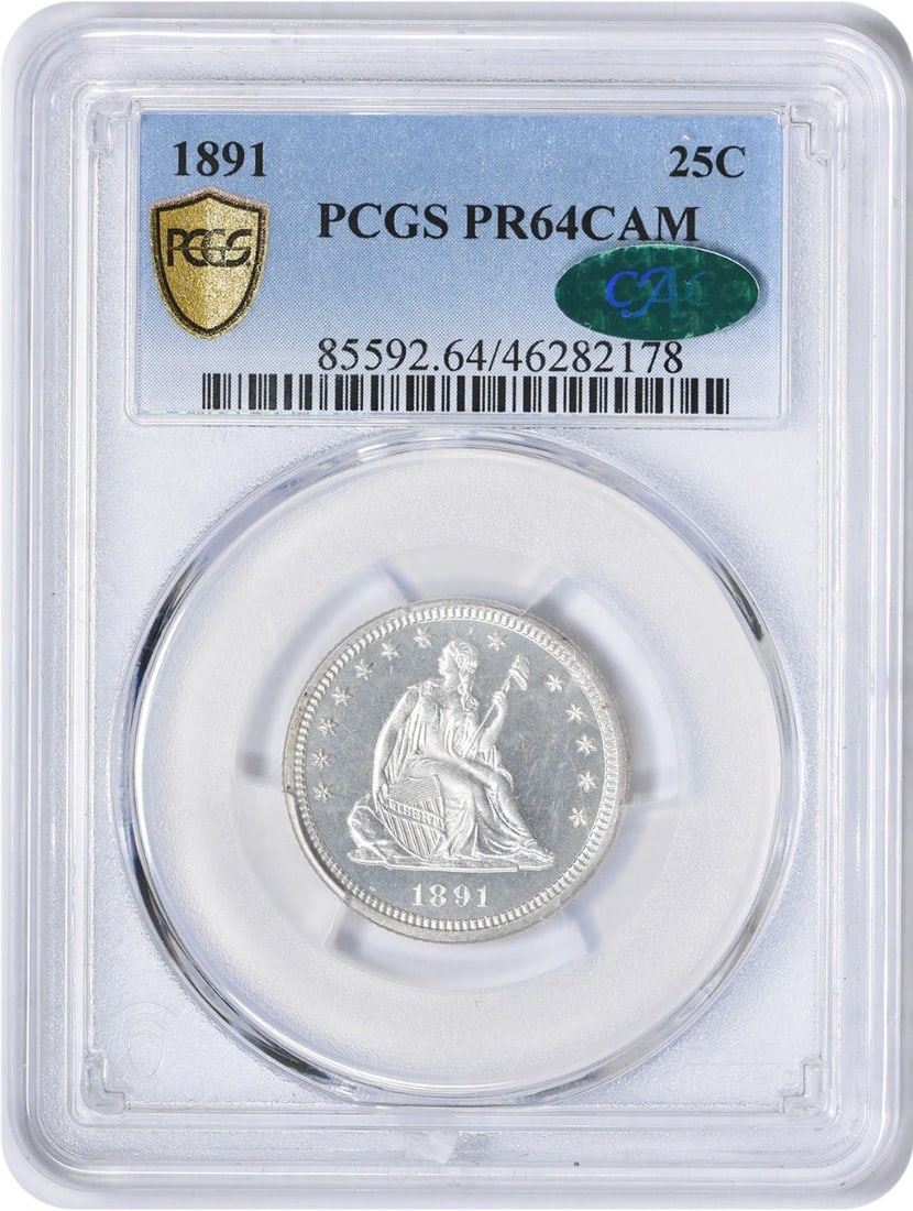 PCGS CAC PR64CAM 1891 Seated Liberty 25C Proof Quarter: PCGS CAC PR64CAM 1891 Seated Liberty 25C Proof Quarter 1891 Liberty Seated Silver Quarter graded PR64CAM by PCGS with CAC approval. This uncirculated proof coin was struck in Philadelphia and is ident