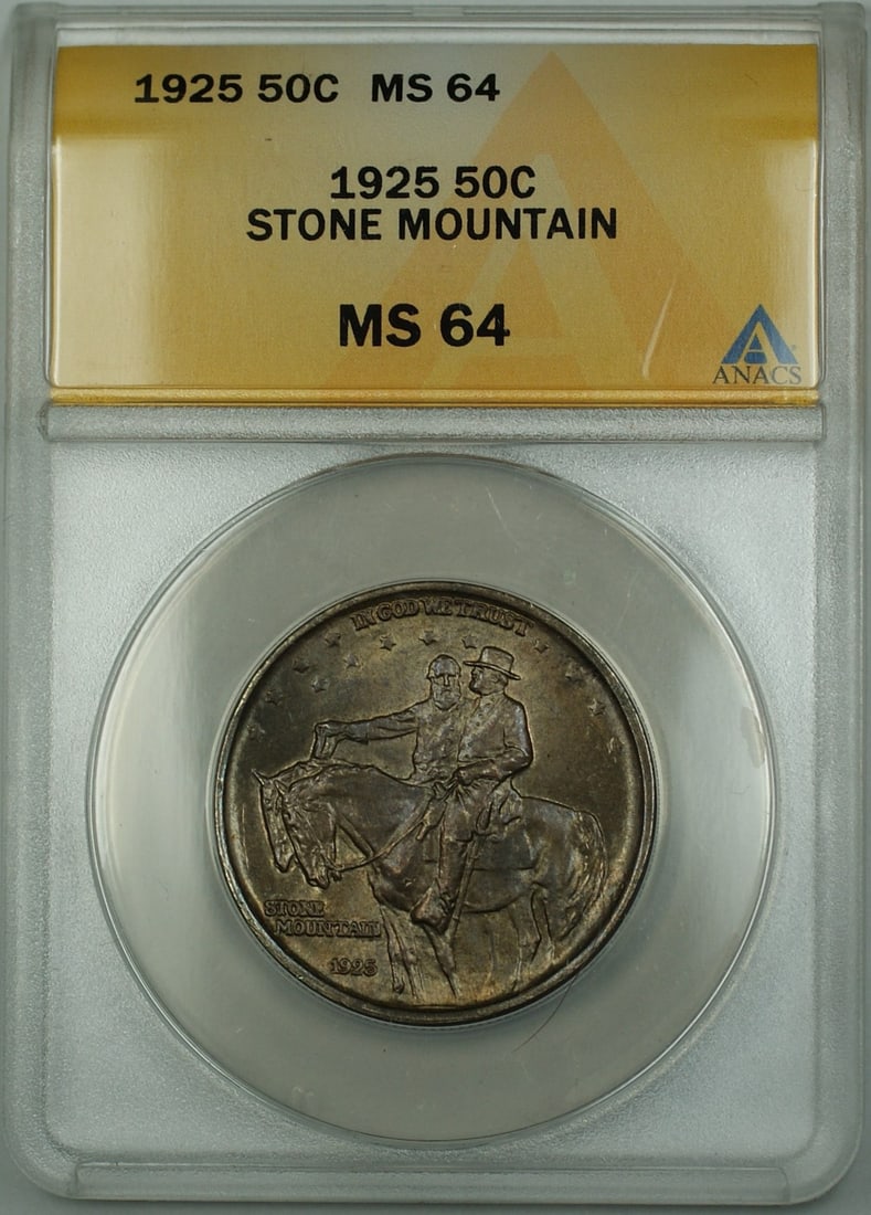 ANACS MS-64 1925 Stone Mountain Silver Half Dollar Toned 50 Cent Coin: ANACS MS-64 1925 Stone Mountain Silver Half Dollar Toned 50 Cent Coin This 1925 Stone Mountain Commemorative Silver Half Dollar is graded MS 64 by ANACS, indicating it is in uncirculated condition. Th
