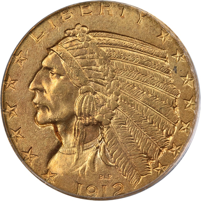 1912 P Indian Head $5 Gold PCGS MS61: 1912 P Indian Head $5 Gold PCGS MS61 This original 1912-P Indian Gold $5 coin is graded MS61 by PCGS. It features attractive eye appeal, strong luster, and a well-executed strike. The coin displays pl