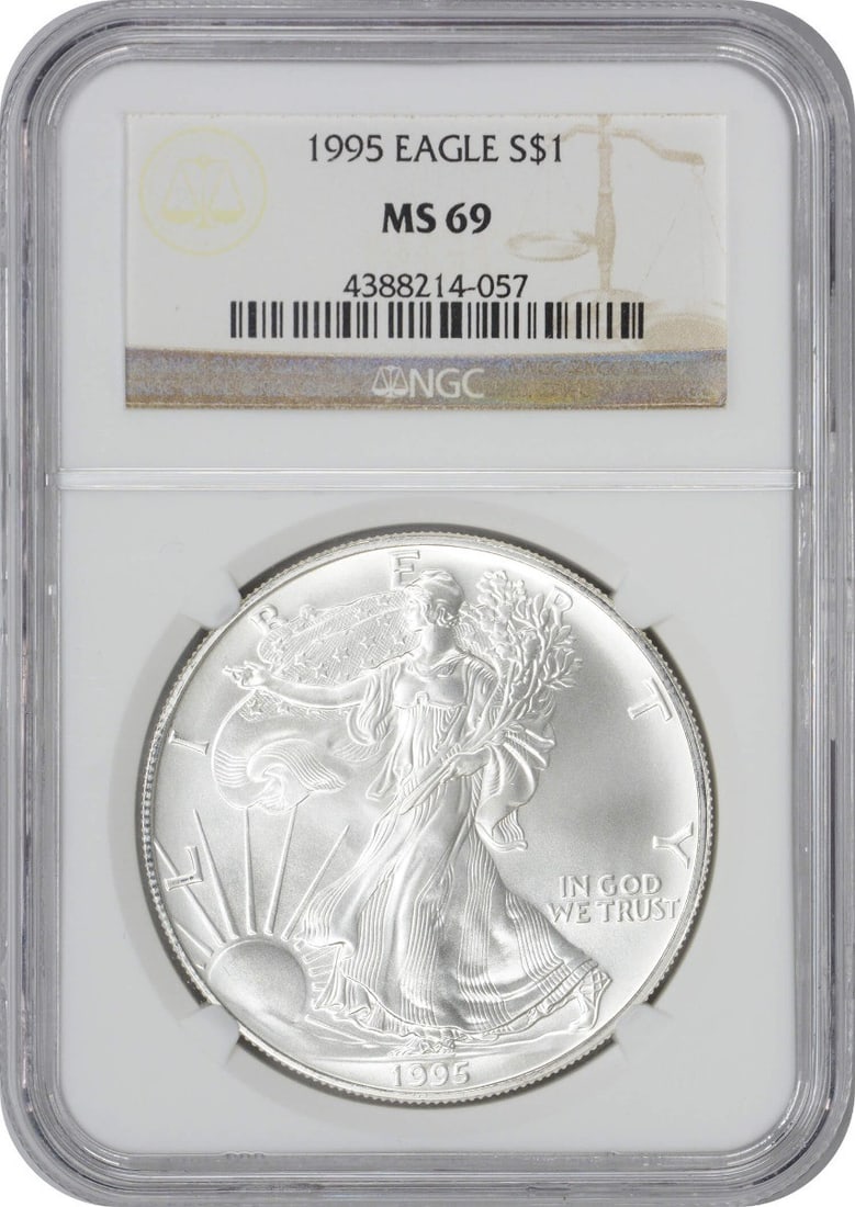 1995 Silver American Eagle Dollar NGC MS69 Certified 1 oz Coin: 1995 Silver American Eagle Dollar NGC MS69 Certified 1 oz Coin This 1995 American Silver Eagle Dollar is certified by NGC with a Mint State 69 (MS69) grade. Struck by the U.S. Mint, the coin contains 