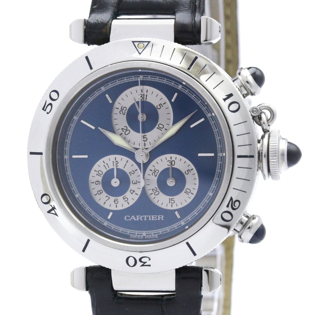 Cartier Pasha Quartz Chronograph Leather Mens Wristwatch: Cartier Pasha Quartz Chronograph Leather Mens Wristwatch This is a Cartier Pasha Chronoreflex W3100855 men's wristwatch, featuring a quartz chronograph movement and a leather strap. Made in Switzerlan